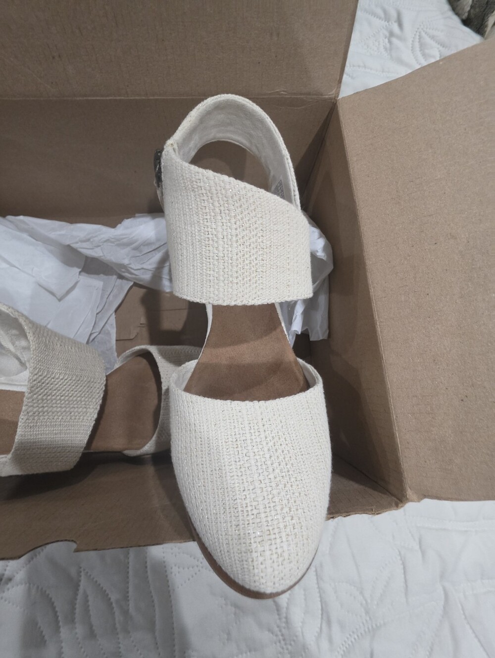 Womens Cream Woven Ankle Strap Flats